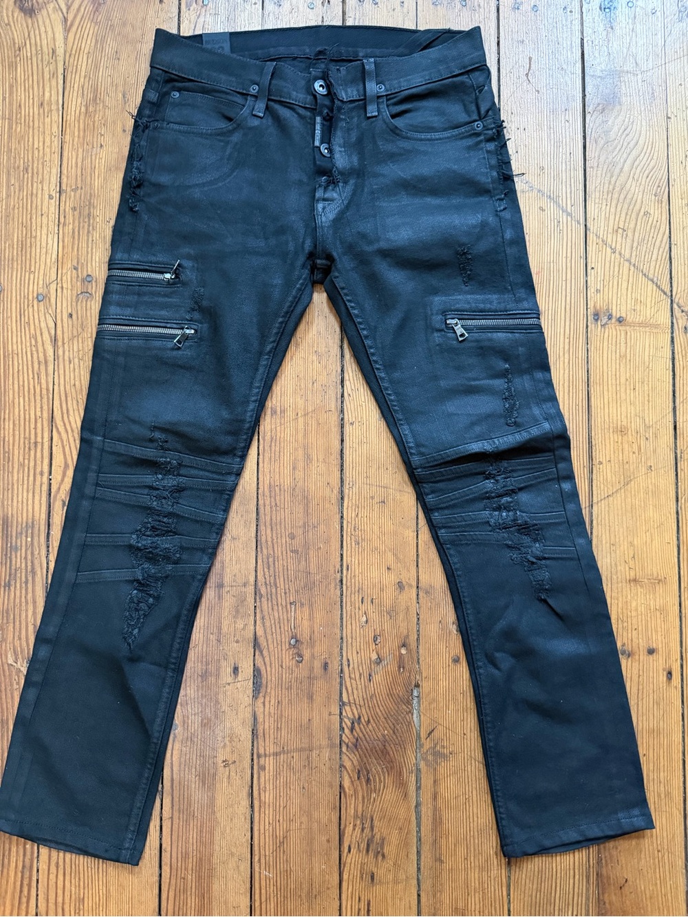Hudson Black Coated Slim Moto Distressed Zipper Detail Men's W29 USA